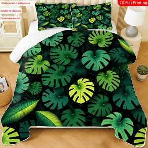 3 pcs, 2D Flat Print Tropical Monstera Leaf Pattern Bedspread Set, Soft and Comfortable, Multiple Sizes Available, Suitable for Gifting and Daily Use, Ideal for Creating a Cozy Home Atmosphere(1 bedspread , 2 pillowcases)
