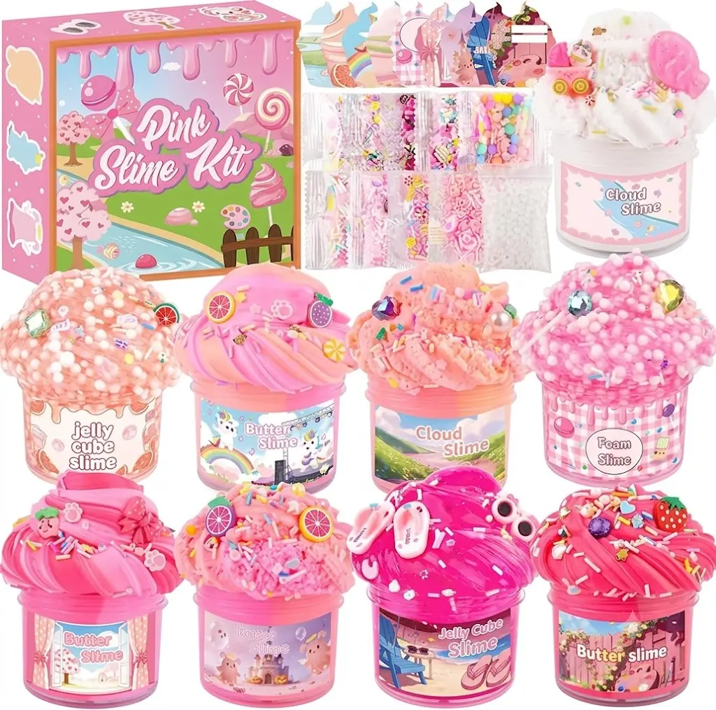 9 Pack Slimes, Pink Slime Kit for Girls Ages 8-12, Butter Cloud Clear Slime Set with Charms, Toys for Kids, Party Favors Goodie Bag Easter Basket Stuffers, Birthday Gifts for 4-10 Year Old Girls Boys
