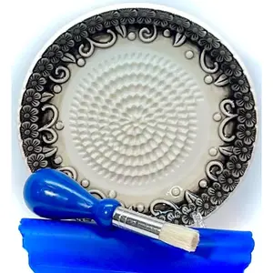 -in-  Ceramic Garlic Grater Plate 4- Set - Black Embossed Design and Style - For Garlic, Ginger, , and ! - Comes with 5.25" Plate, Peeler, Brush, and Stand