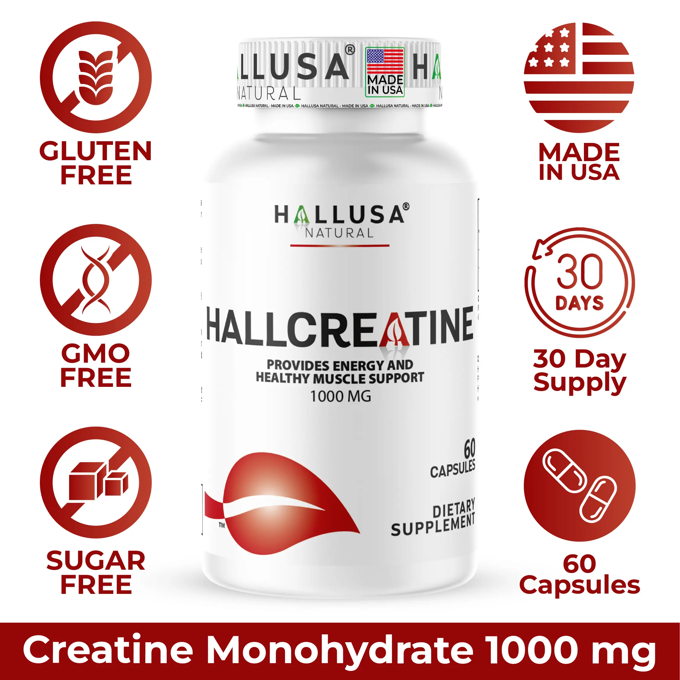 Hallusa Natural Creatine Monohydrate Capsules (60 Count, 30-Day Supply) – Organic, Gluten-Free Fitness Supplement for Muscle Resistance, Recovery & Mass, Sports Performance Support, Fitness Supplements, Sports Performance Supplement