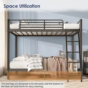 Metal Bunk Bed Twin Over Full Size Heavy Duty Sturdy Frame with 12" Under-Bed Storage Elevated Bed Legs for Teens & Adults Modern Design Space Utilization