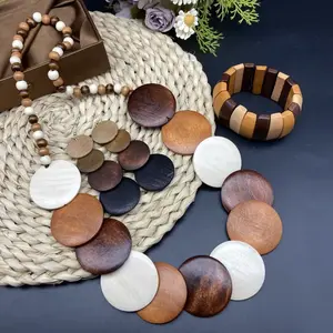 Rustic Bohemian 3pcs Jewelry Set, Vintage Wooden Necklace, Earrings, And Bracelet Combo, Ethnic Style Wooden Accessory Kit for Women