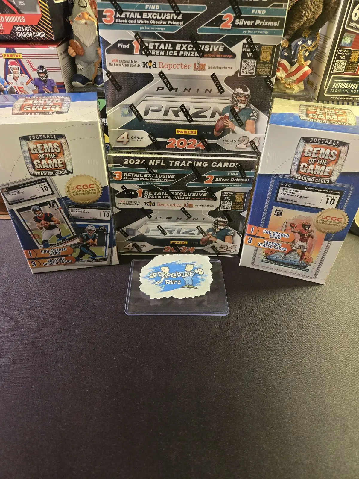 PYT Break - 4 total boxes- (2) 2024 Panini Prizm 24 pack retail box (Green Cracked Ice), (2) 2025 MJ Holdings Gems of the Game box- Football