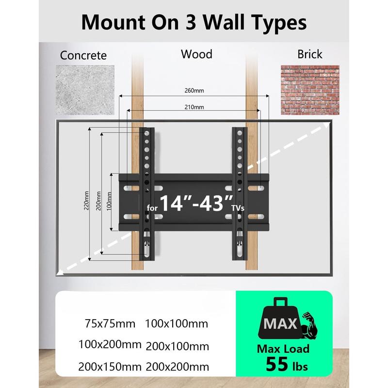 Fixed TV Wall Mount for 14-43 Inches Flat Screen TVs, Low Profile TV Mount Bracket Hold Up 55lbs, Wall Mount Bracket Flush Mount Space Saving, Max VESA 200x200mm