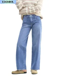 【Buy 2 Save More】EMMIOL Y2K Straight Leg Baggy Jeans Women Mid Rise Stretchy Loose Fit Casual Denim Pants Vintage Distressed Trendy Pockets