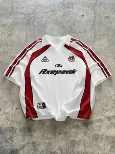 90s Retro White Red Striped Oversized Soccer Jersey, Y2K Vintage Streetwear Football Shirt, Harajuku Hip Hop Casual Polo Top, TikTok Viral Throwback Athletic Tee