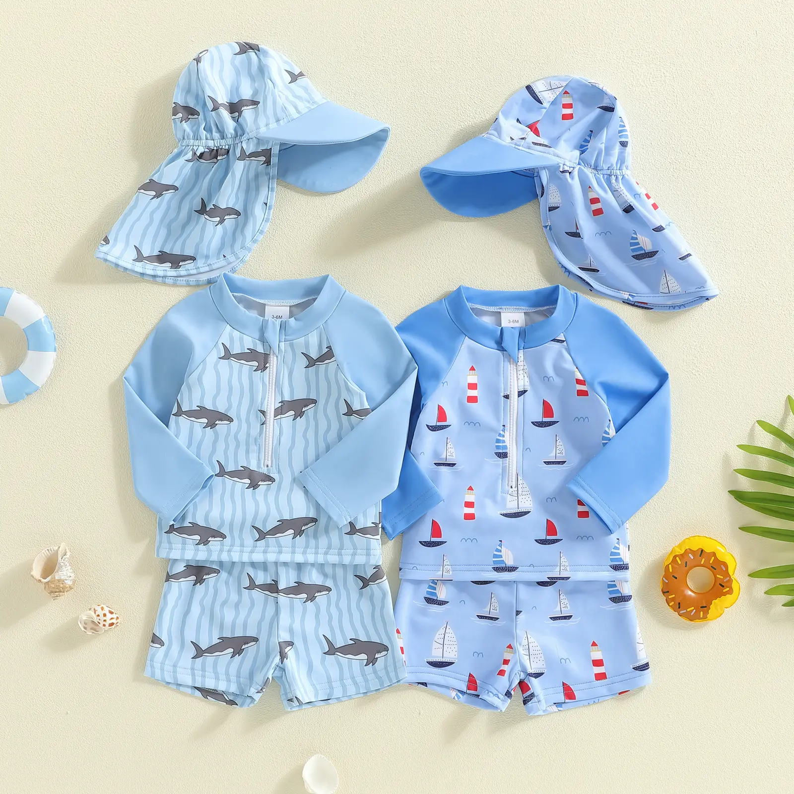 Lullaby Baby Boy 100% Polyester High Elastic Rash Guard Swim Kit, 0-5 Years Long Sleeve Shark/Sailboat Print Swimwear Set Pack with Hat