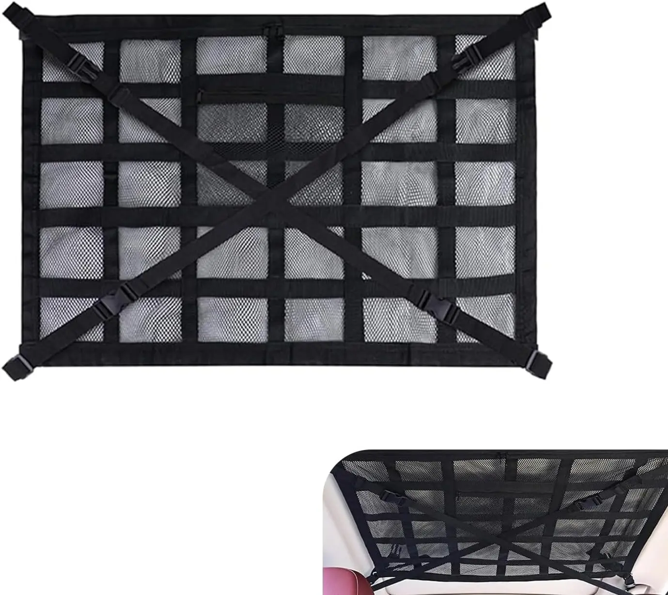 Double Layer Mesh Roof Storage Organizer, 31.5"x 21" Car Ceiling Cargo Net, Car Roof Storage, Overhead Net for SUV Truck Van Camping Travel Road Trip Essentials(Black)