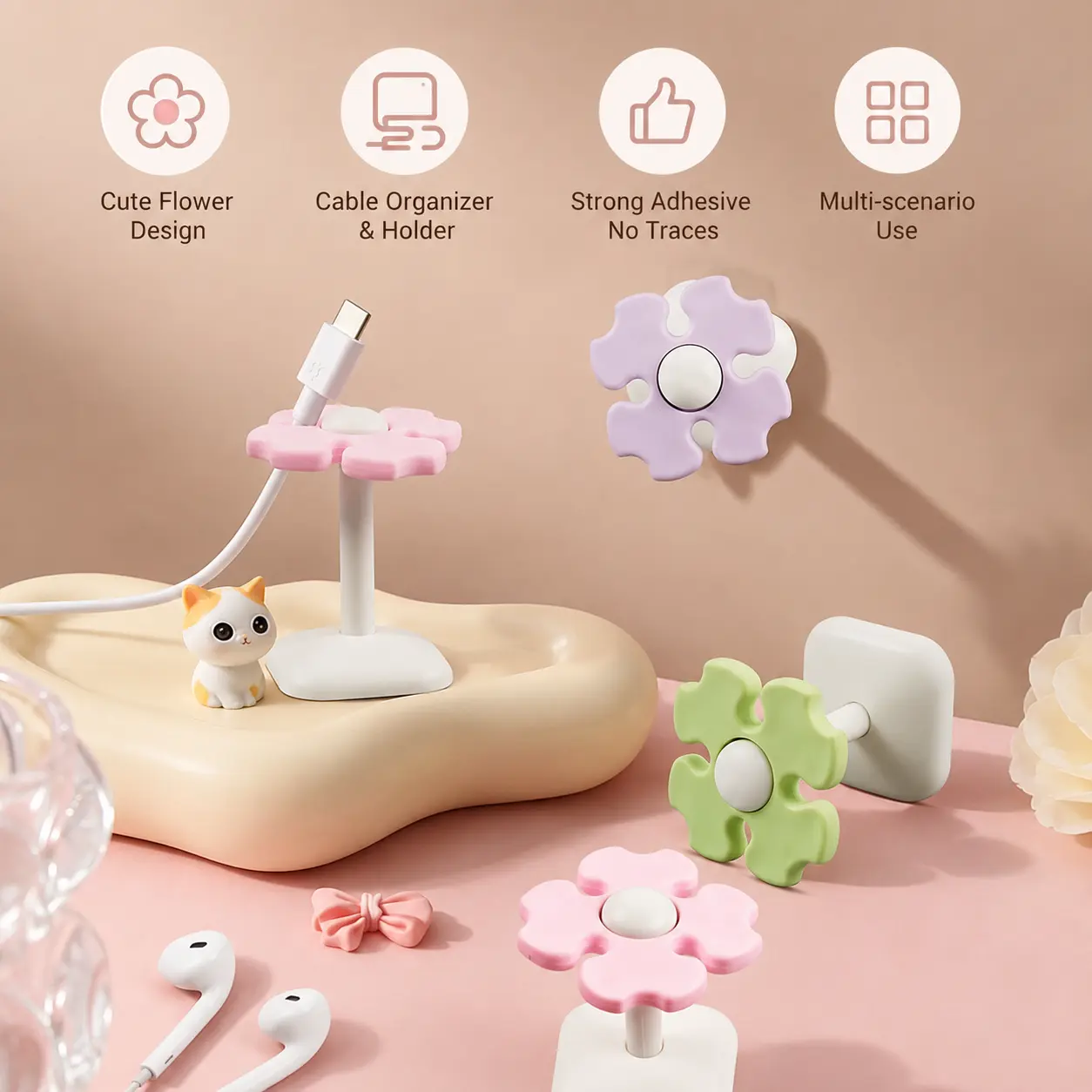 1 Count, Flower Shaped Cord Holder, No Trace Adhesive Cable Organizer for Charging Wires Earphone Cords, Suitable for Desktop Wall and Cabinet Use