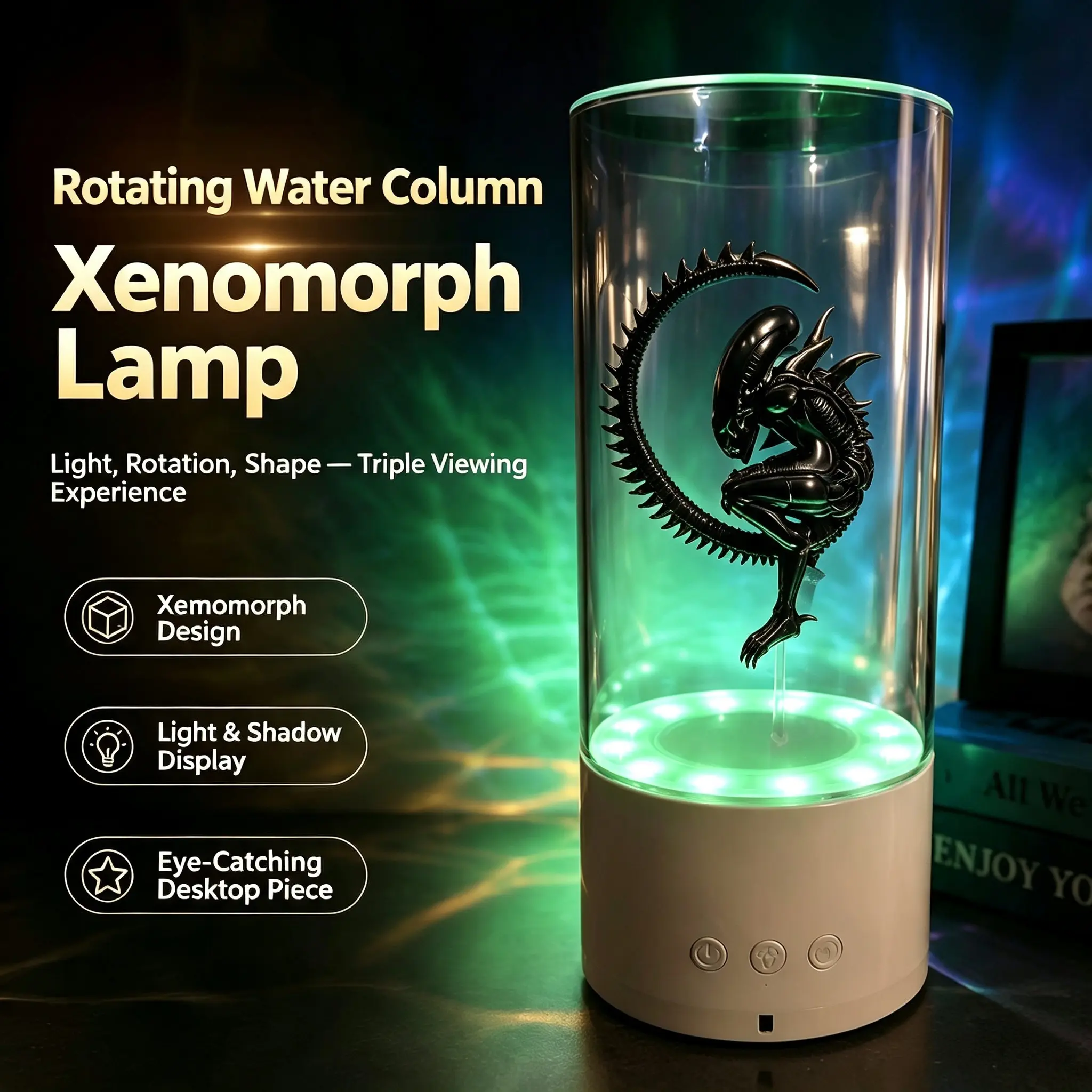 Halloween Sci-Fi Figure Lamp With Rotating Base, RGB Color Changing Water Column LED Night Light, 360 Spin Desktop Decor Lamp, USB Touch Control, Holiday Decor & Gift for Sci-Fi Collectors