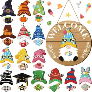 4th of July Gnome Decor Interchangeable Welcome Sign For Home Wooden Gnome Sign With Detachable Gnome Hats Magnet Wall Hanging For Home Door Graden Porch Independence Day Summer Party, Holiday Gnomes For All Season, Housewarming Gift