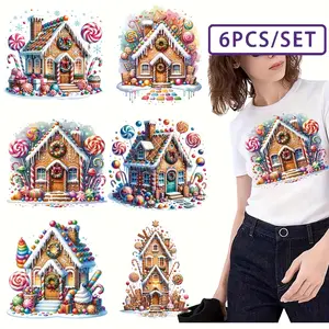 6pcs/set Festive Christmas Candy House Stickers -Washable, DIY Iron-On Vinyl Patches with Gingerbread & Snowflake Designs, Perfect for T-Shirts & Cloth Decor, Holiday Gift Idea|Festive Design, Fabric Decoration | Imaginative Designs | Durable Heat Transfe