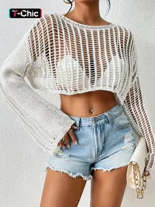 Women's Solid Color Hollow Out Sweater, Casual Long Sleeve Boat Neck Jumper for Summer, Fashion Women's Knitwear for Daily Wear