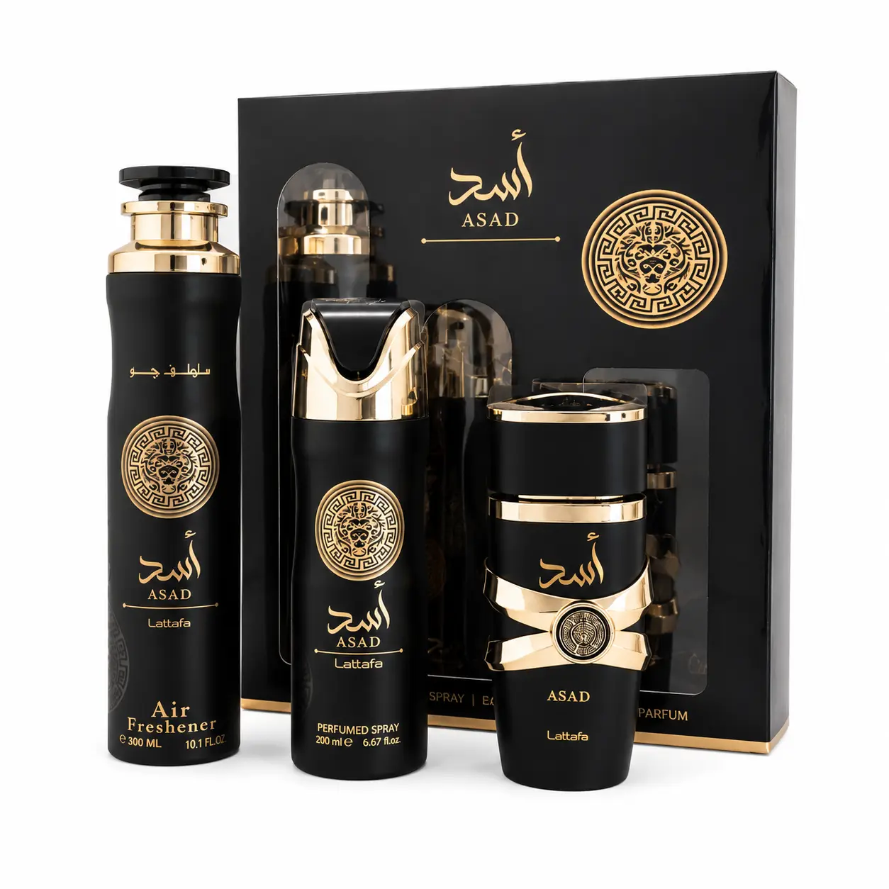 Lattafa Asad Men's Fragrance Gift Set - 100ml EDP Perfume, 200ml Deodorant Spray, 300ml Woody Scent Air Freshener with Rich Aroma, Pineapple, Adult, Amber Base, Scented, Personal & Home
