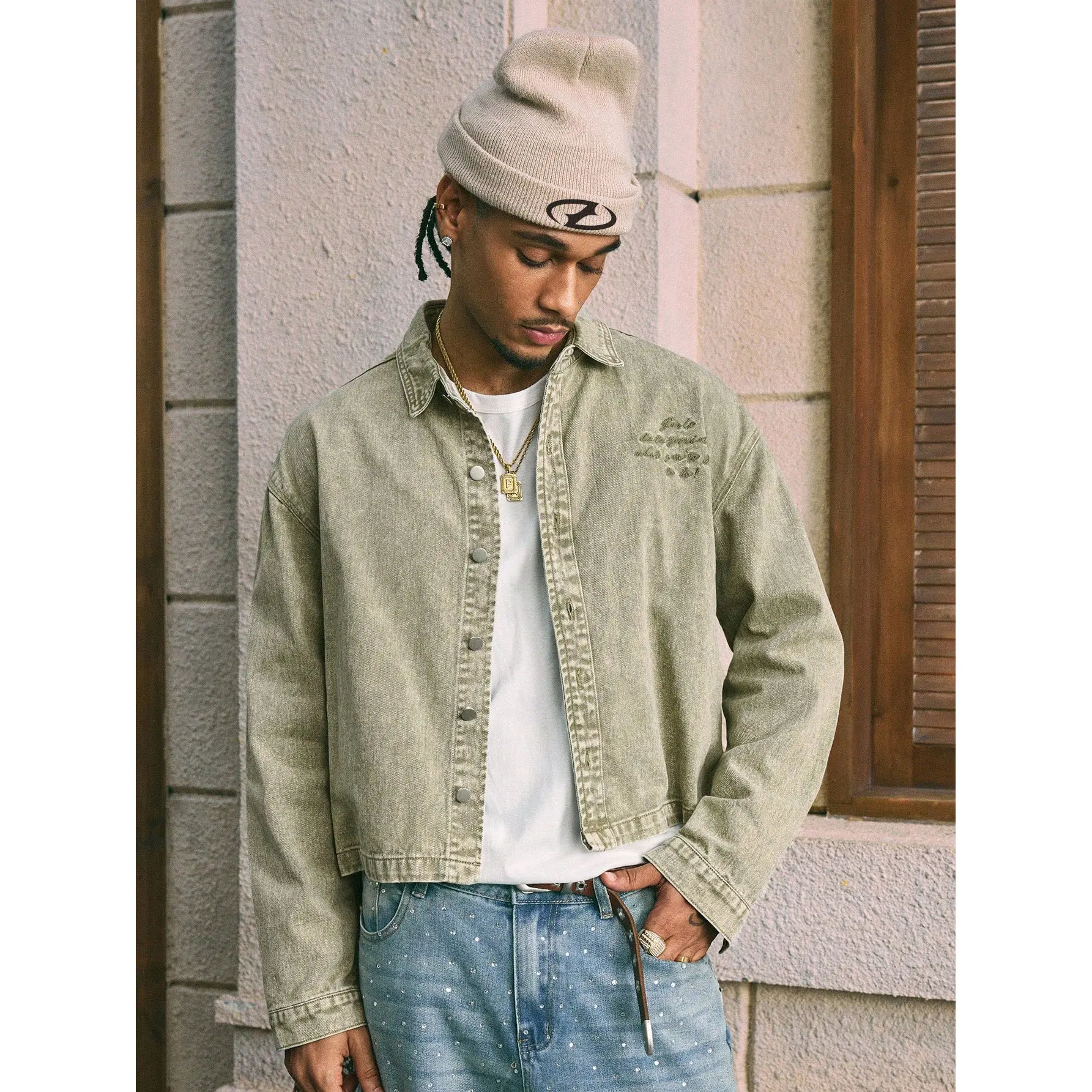 Vintage Muted Sage Green Acid Wash Minimal Tiny Cursive Letter Embroidery Cropped Oversized Drop Shoulder Denim Jacket Unisex Silver Snap Button Heavy Soft Denim City Boy Minimal Outdoor Casual Outerwear