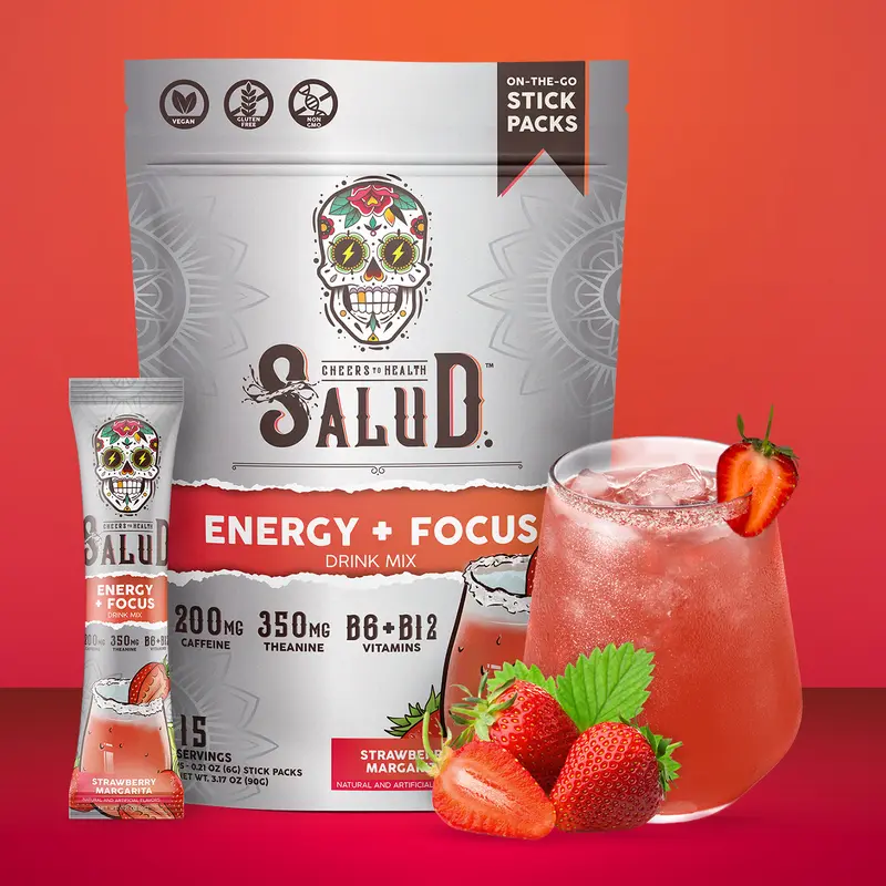 Salud 2-in-1 Energy Drink Powder + Focus, Strawberry Margarita, Organic Caffeine, B6 + B12, Theanine, Clean Energy Drink Packets, Agua Fresca Mix, Non-GMO, Gluten Free, Vegan, 1g of Sugar, (15 Servings)