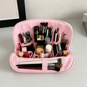Women’s Fold‑Open Travel Cosmetic Bag| 7.87*7.09*4.33in Waterproof Multi‑Compartment Makeup Brush Organizer with Durable Zipper for Daily & Trip