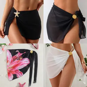 2025 mesh swimming + skirt metal shell accessories beach wrap skirt swimming + bikini blouse apron