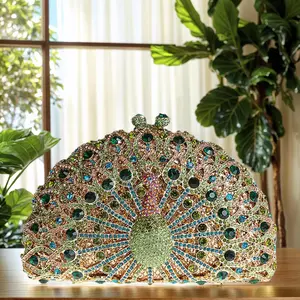 Glitter Peacock Women Bling Crystal Clutch Seashell Animal Rhinestone Handbag Bridal Purse for Prom Party