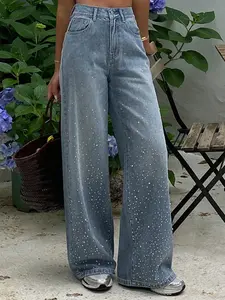 Women's 2026 New Fashion Trendy Denim Jeans, Young Rhinestone Design, Button Wide Leg Casual Pairing, Everyday Elegant Style Long Trousers