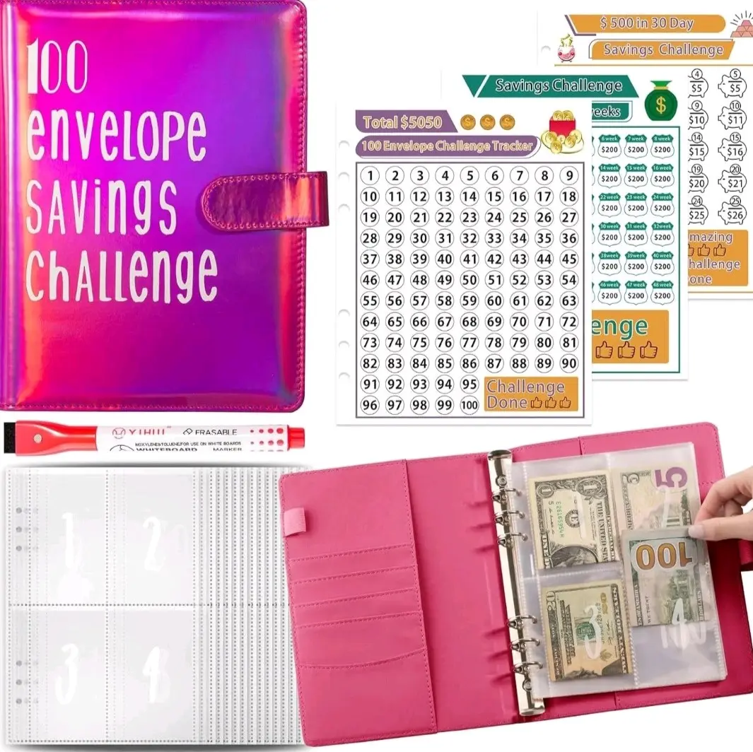 100 Envelope Money Savings Challenge Binder, to save up to  $5,050 $10,000 and $500 in 100 days, 52 weeks, and 30 days. A5 Money Savings Planner Cash Envelope Budget Binder.