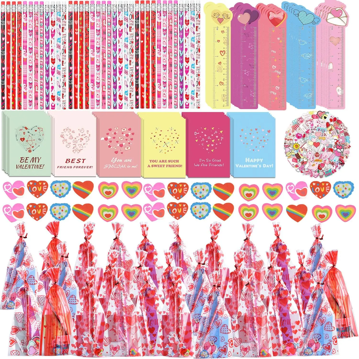 30 Pack Valentines Day Gifts for Kids Classroom Valentines Stationery Set - Valentine Pencils Notepads Rulers Erasers Valentines Treat Bags Party Favors for Kids