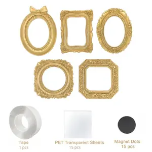 5 pcs mini gold vintage photo frame set, equipped with magnets, tape, and transparent sheets, carved resin photo frame, suitable for photo ornaments, refrigerator decoration, photo props, desktop decoration