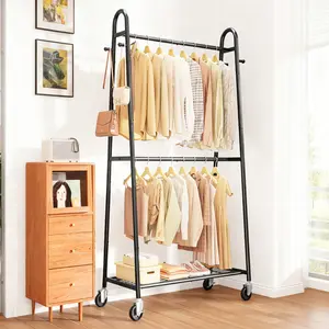 2-Tier Double Rod Clothes Rack, Freestanding Garment Organizer, Metal Clothing Rack, Black