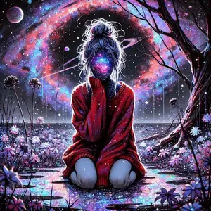 5D DIY Full Drill Round Diamond Painting - Diamond Art Kit Starry Sky Girl, Red-Clothed Universe, Dreamy Flower Sea Mosaic, Canvas - DIY Decorative Painting, Home Wall Decor, Suitable for Halloween and Christmas, Birthday and Anniversary Gifts