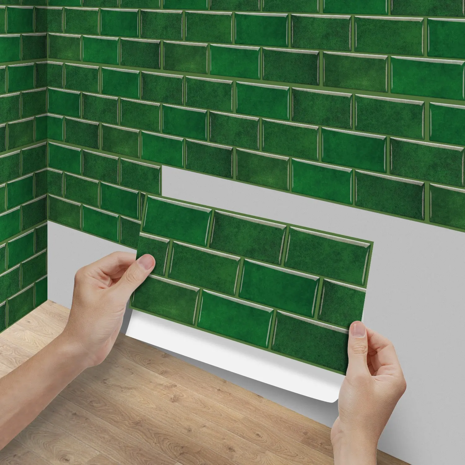 6/12/24/48 PCS FG Retro Tile Stickers Emerald Green Glazed Brick Pattern PVC Crystal Film Self-Adhesive Waterproof Oil-Proof Splashback for Kitchen Bathroom Floor Tile Wood Home Decoration