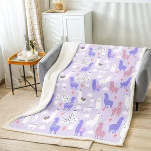 Cute Llama Fleece Blanket,Kawaii Cartoon Llama Alpaca Throw Blanket,Lovely Boho Animal Sherpa Blanket for Bed Sofa Couch,Twin 60"x80"