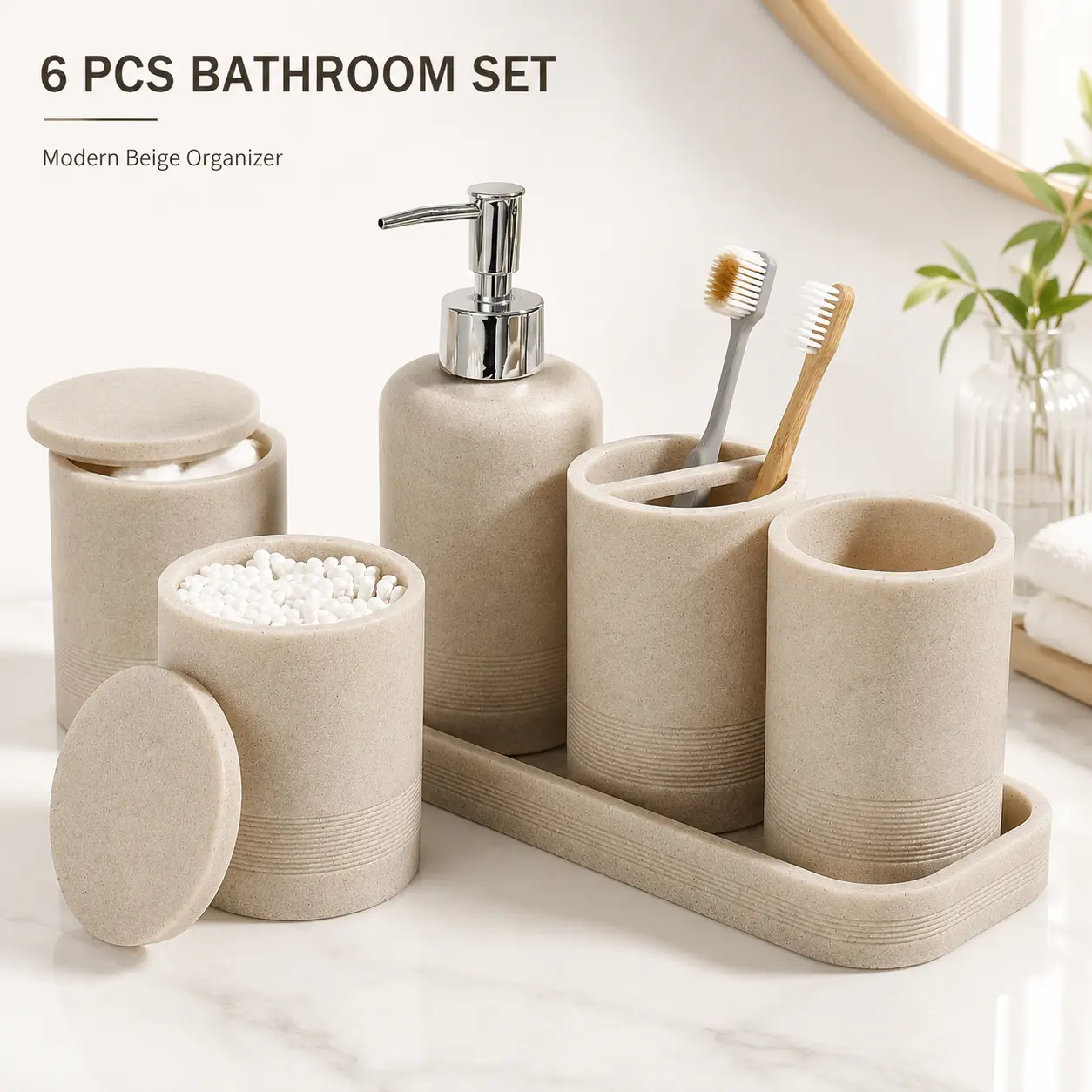 Bathroom Accessories Set 6-Piece, Beige Modern Bathroom Organizer Set with Toothbrush Holder, Soap Dispenser, Vanity Tray, Tumbler and Cotton Swab Jars for Bathroom Countertop, Sink, Guest Bathroom, Apartment and Home Decor