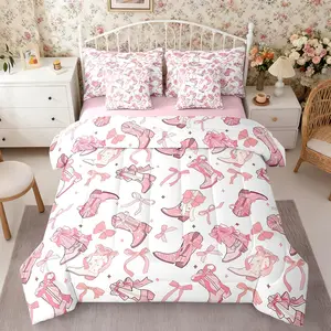 7 Pcs Cowgirl Comforter Set,Western Cowboy Boots Pink Bowknots Coquette Bedding Set,Pink Bow Comforter,Dreamy Princess Bed in a Bag