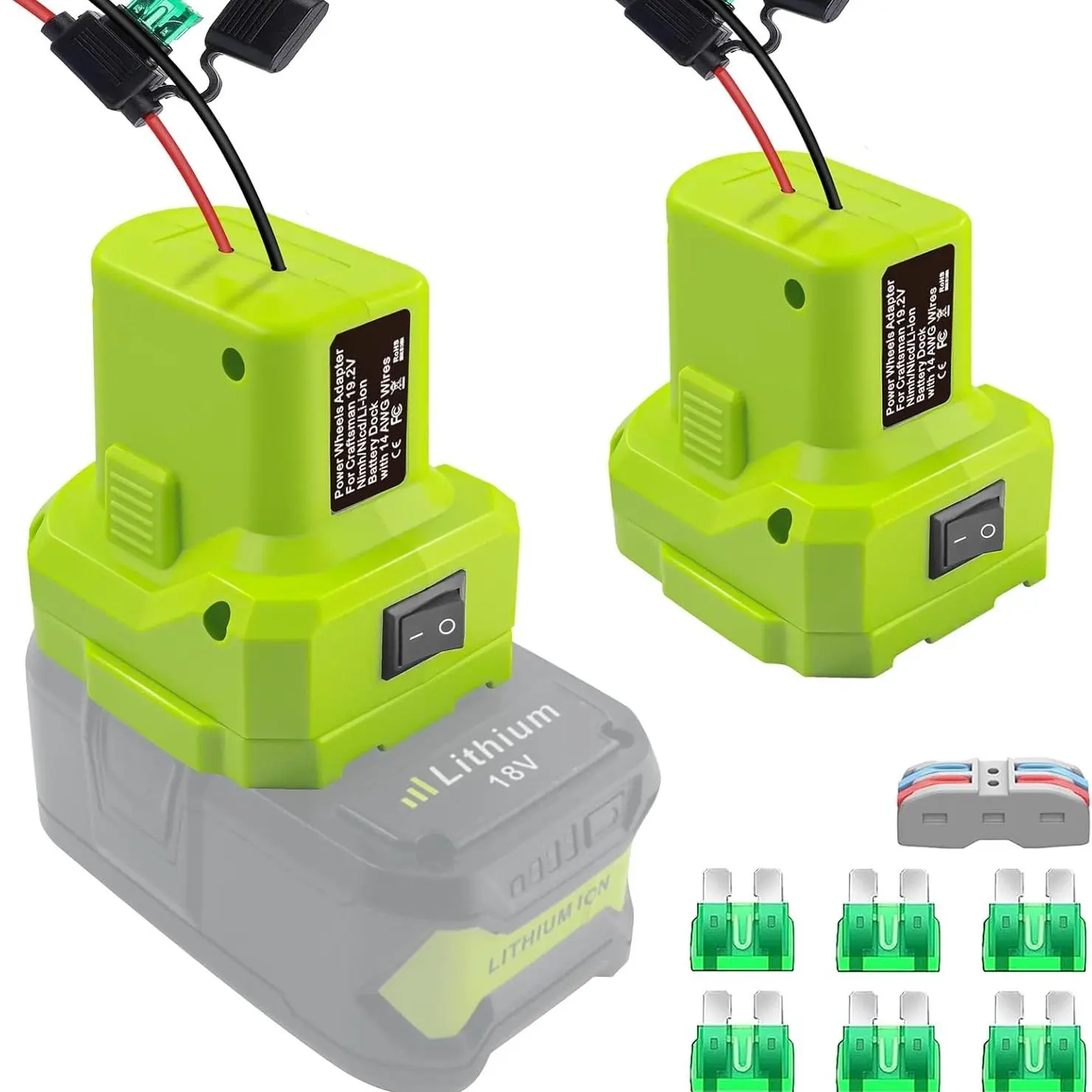 Power Wheels Adapter for Ryobi, Battery Conversion Kit with Switch, Fuse Holder and 3 Counts Fuses, Cordless Tool Accessories, Lithium Ion Replacement