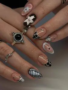 Nude Floral Press On Nails, 3D Flower Animal Print French Tip Nails, Glossy Black White Zebra Acrylic Nails, Reusable False Nail Set
