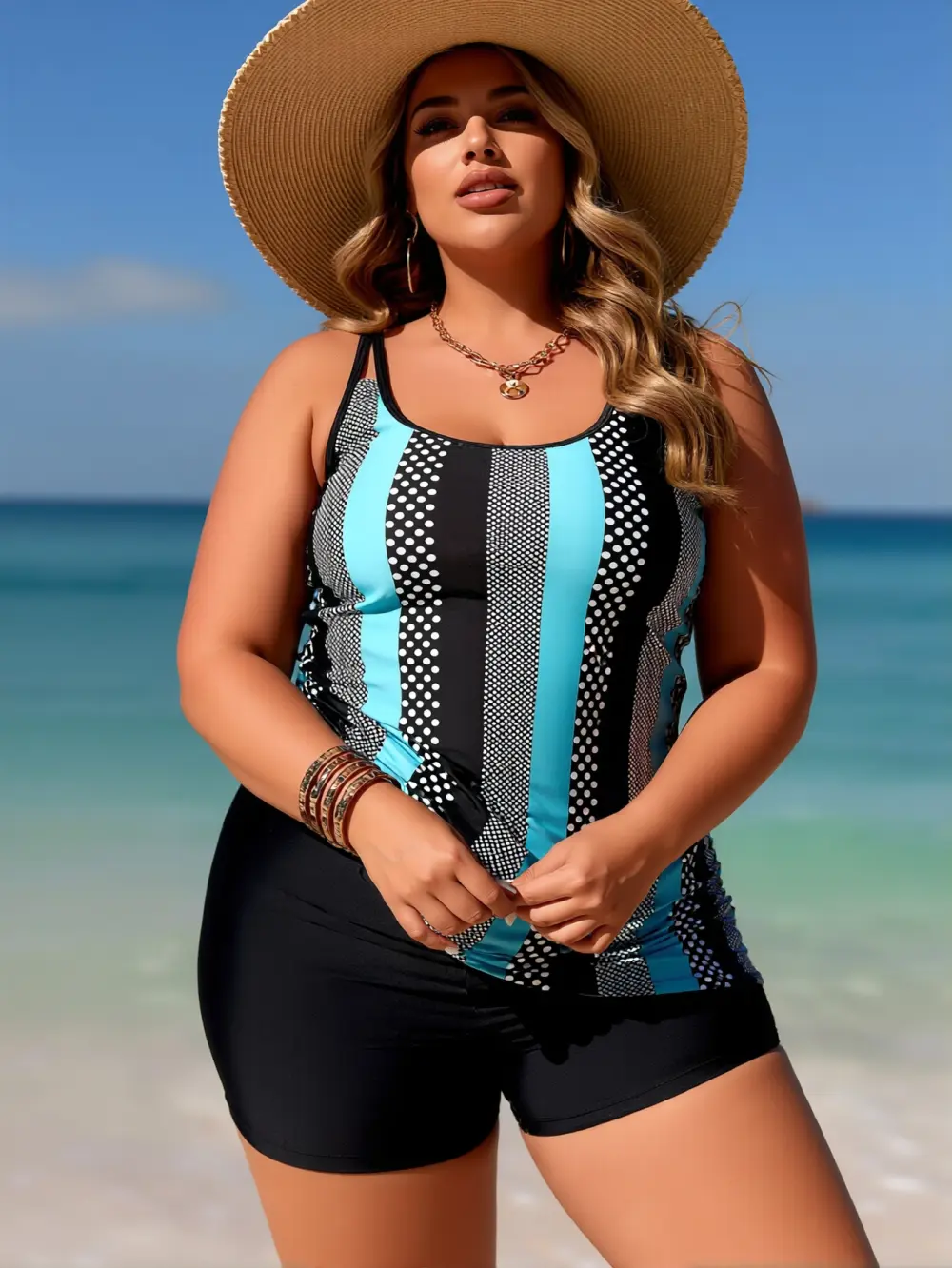 2026 Women's Striped Two-Piece Plus Size Tankini Bathing Suit with Boyshort Botto