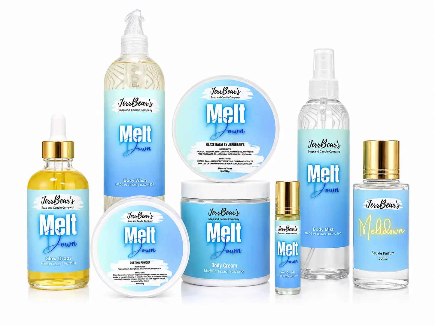 The JerrBear's Layering System - Glaze Balm by JerrBear's, Body Mist, RollOn, Body Cream, Body Wash, Glow Drops, Dusting Powder, EDP Perfume