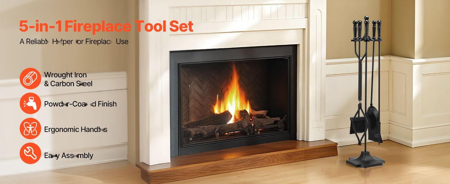 Fireplace Tool Set 5-Piece With Stand And Holder, Tongs, Shovel, Brush, Poker, Five-Prong Stand, Wrought Iron Fireplace Accessories For Indoor Outdoor Campfire Use, Black Durable Steel Construction With Easy-Grip Handles Fireplace Tool Set 5-Piece With Stand And Holder, Tongs, Shovel, Brush, Poker, Five-Prong Stand, Wrought Iron Fireplace Accessories For Indoor Outdoor Campfire Use, Black Durable Steel Construction With Easy-Grip Handles