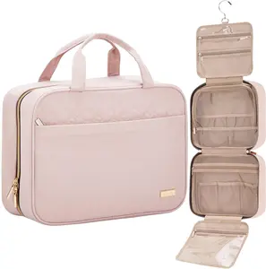 Travel Toiletry Bag for women, Portable Hanging Organizer for Full-Sized Shampoo, Conditioner, Brushes Set, Makeup Accessories, Large Size, Pink