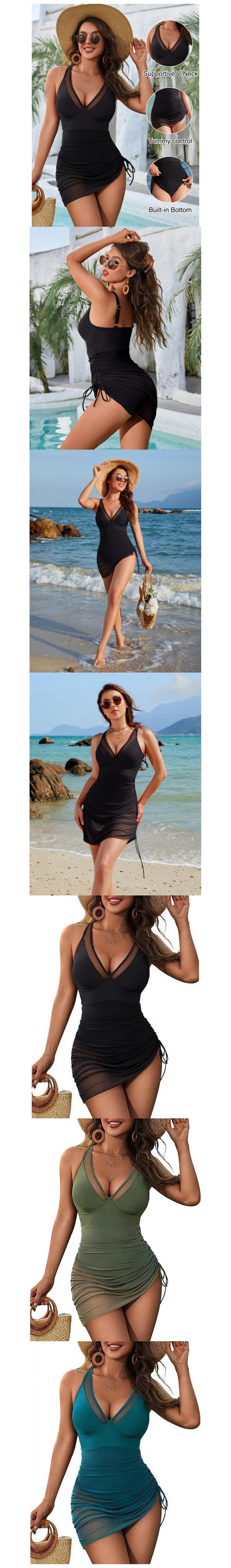 Women One Piece Swim Dress Tummy Control Swimsuits Slimming Mesh Sheer Sarong Wraps Bathing Suit,Full Coverage Tummy Control Mesh Sheer Sarong Wraps Flattering Women Onepiece Swimdress Jumpsuit