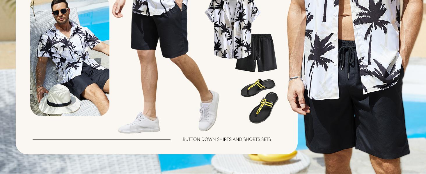 Gihuo Men's Tropical Print 2-Piece Set Short Sleeve Button Down Hawaiian Beach Shirt & Shorts Breathable Casual Summer Tracksuit Gift Clothes Menswear Elastic Loose Outfit Stylish Sunglasses Top