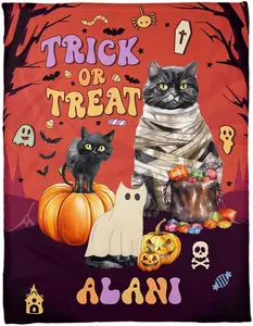 Zocoshi Personalized Halloween Black Cat Blanket, Custom Blanket for Kids with Name, Cute Fall Winter Blanket for Kids, Spooky Nursery Blanket