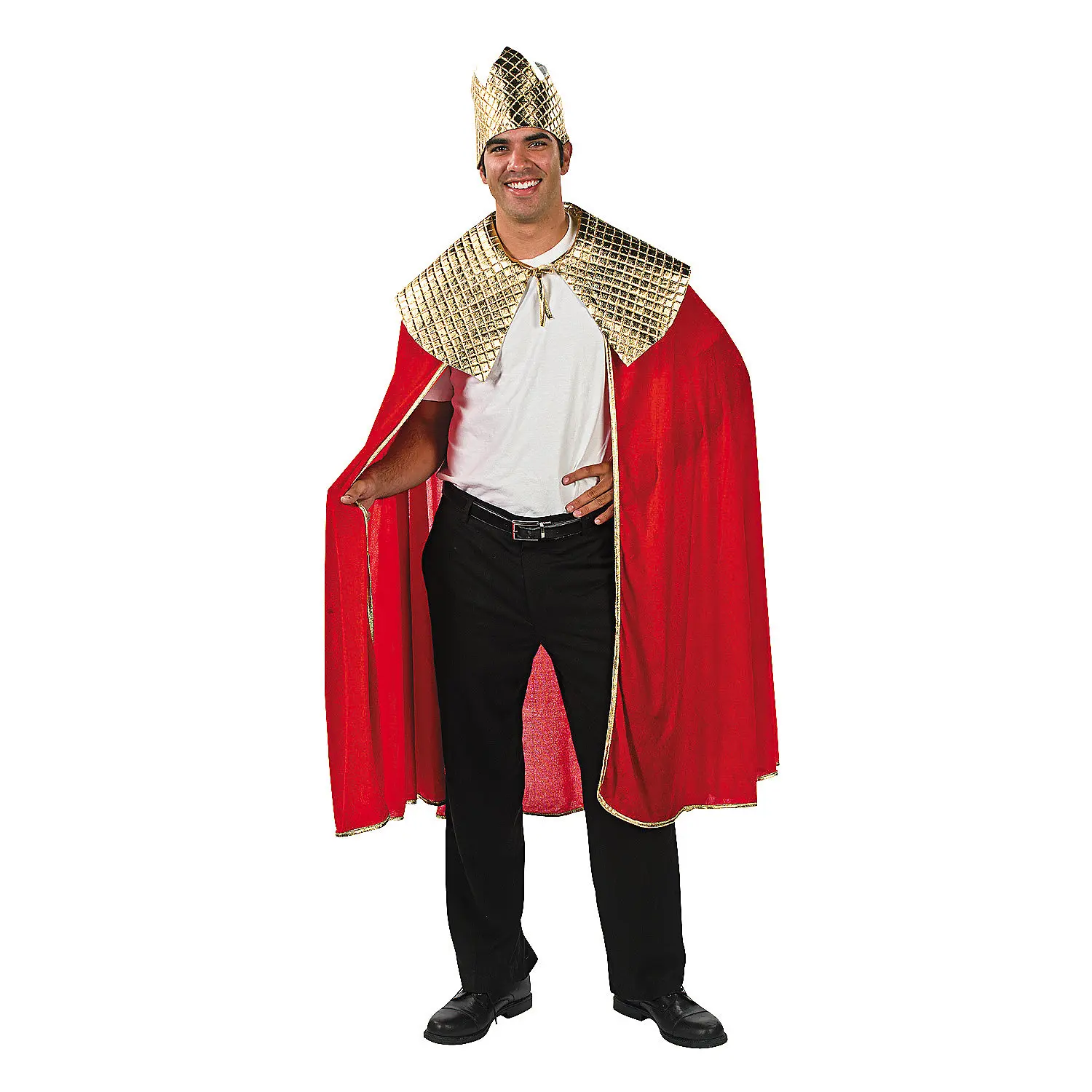 Men's Red Wise Man Cape-and-Crown Coordinated Costume Set - Polyester Menswear with 24" Circ. Adjustable Crown (Hook-and-Loop Touch-Fasteners), 45"x16" Cape, Matching Tie, Metallic Accents, Costume Ideas for Christmas Nativity Scene, DIY Use