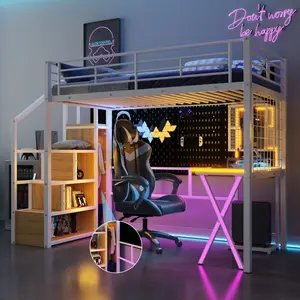Twin Size Loft Bed with Stairs and Wardrobe, Metal Loft Bed Frame with Storage Staircase and LED, Built-in Work Station