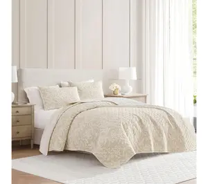 Martha Stewart Branches Beige/White Cotton Queen Quilt Set
