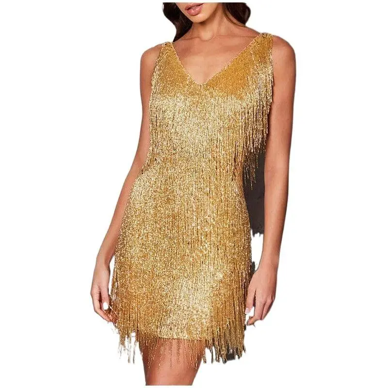 slim fit dress slacks 1960s Gilded Gold Fringe Dress, Sz. M main image 1