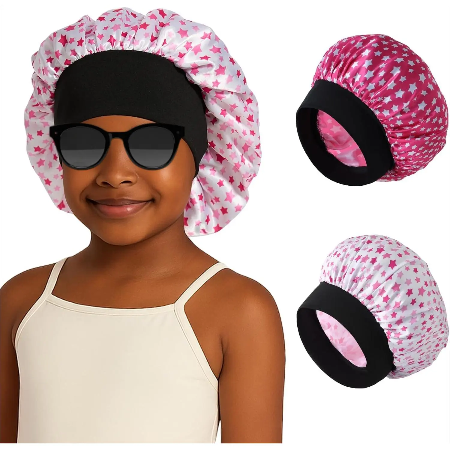 SQ-HDW209 2PCS Kids Satin Sleep Bonnet for Girls, Soft Hair Cap for Sleeping, Toddler Bonnet for Curly Hair