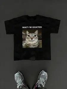Men's Light Blue Loose Short Sleeve T-Shirt, Wait I'm Goated Cat Print, Breathable Comfort, Casual Street Style, Daily Wear