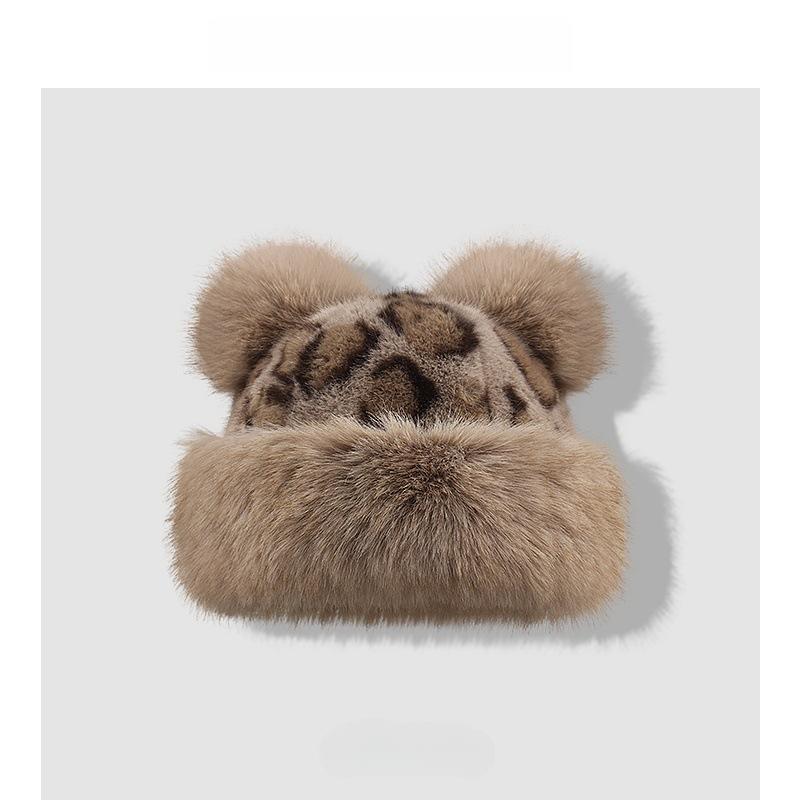 Faux Fur Leopard Print Bear Ear Bucket Hat Winter Warm  display picture 1