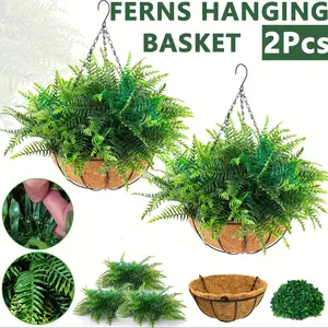 2 Set Artificial Hanging Fern Plants Outdoor Fake Hanging Ferns Planter, Includes Hanging Flower Basket And Artificial Fern, UV Resistant and fading, suitable for Outdoors Patio Garden Home Decor